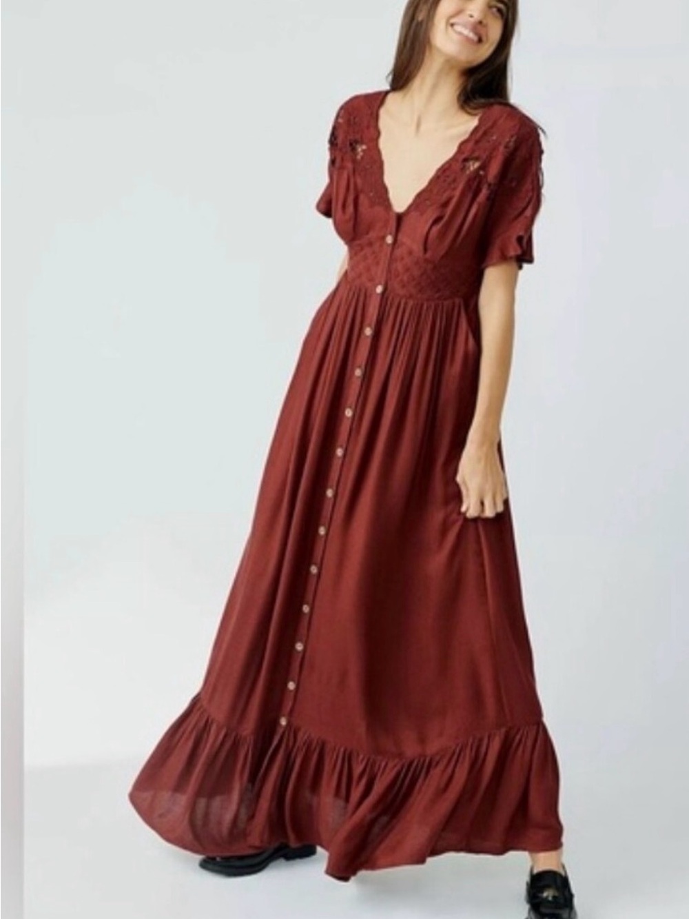 Free People Rust Red Button-Front Maxi Dress